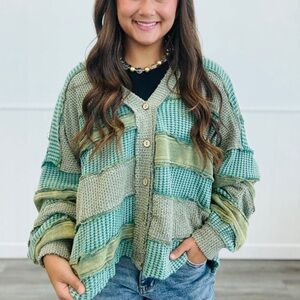 Oli & Hali green washed color block and patchwork cardigan size small